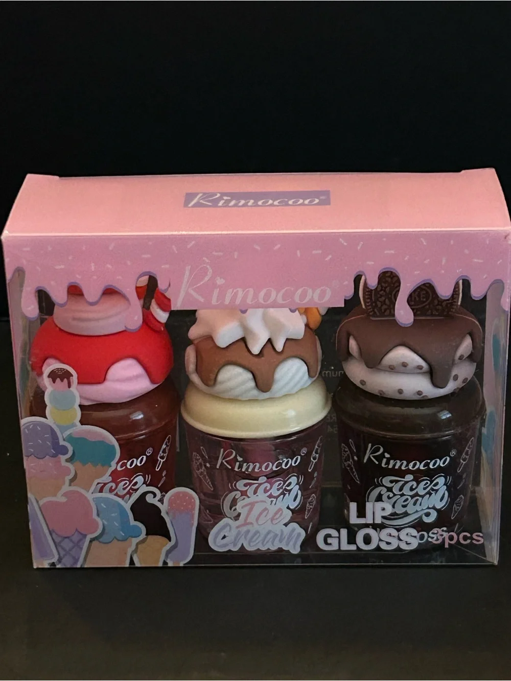 Rimocoo Ice Cream Lip Gloss Trio Set - Chocolate, Vanilla, Strawberry NWT